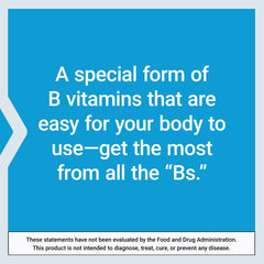 Blue label with white text describing a special form of B vitamins and FDA disclaimer Life Extension B-Complex vegetarian capsules