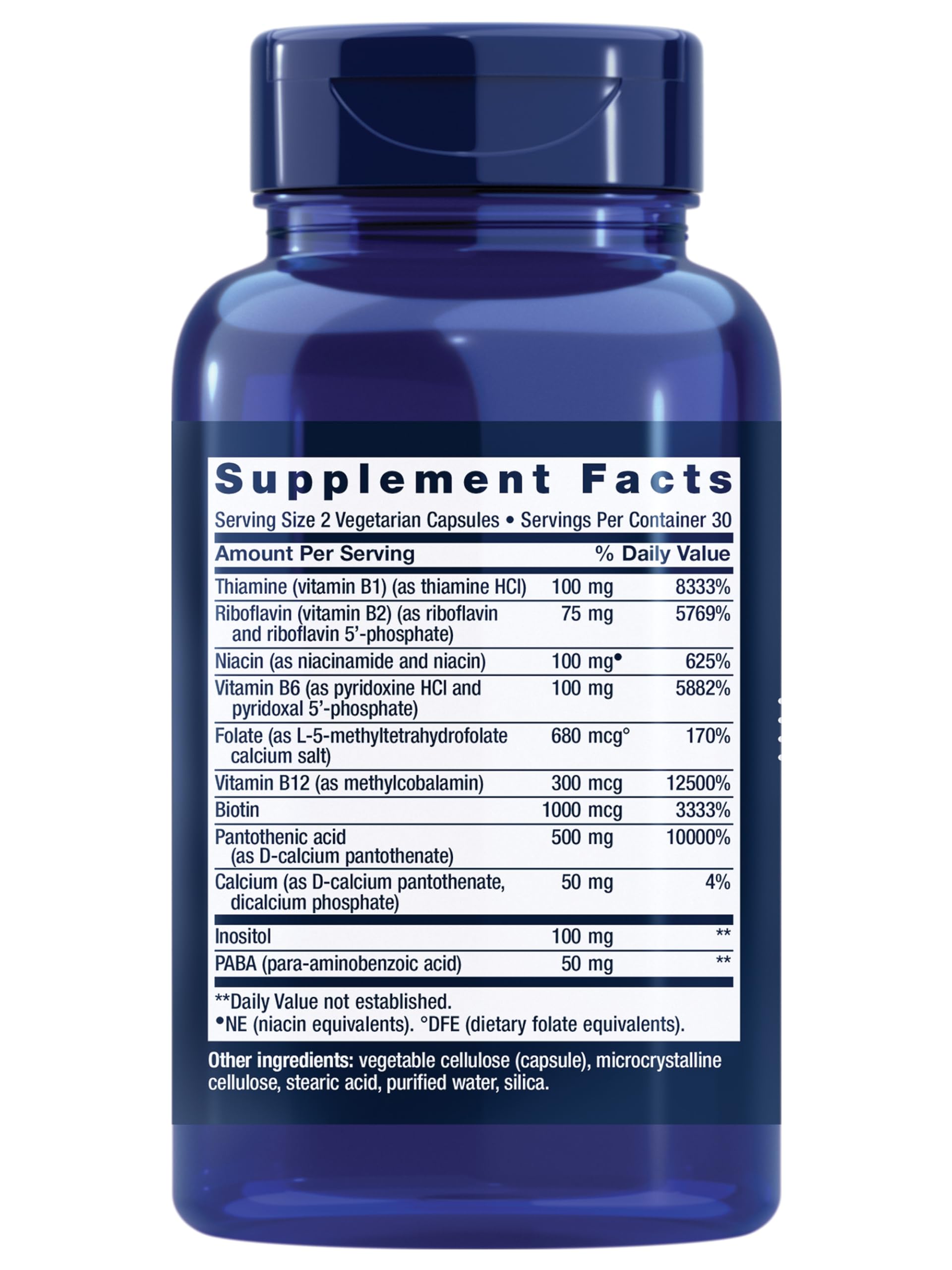 Life Extension B-Complex vegetarian capsules. Blue supplement bottle with Supplement Facts label showing B vitamin amounts