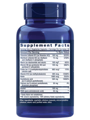 Life Extension B-Complex vegetarian capsules. Blue supplement bottle with Supplement Facts label showing B vitamin amounts