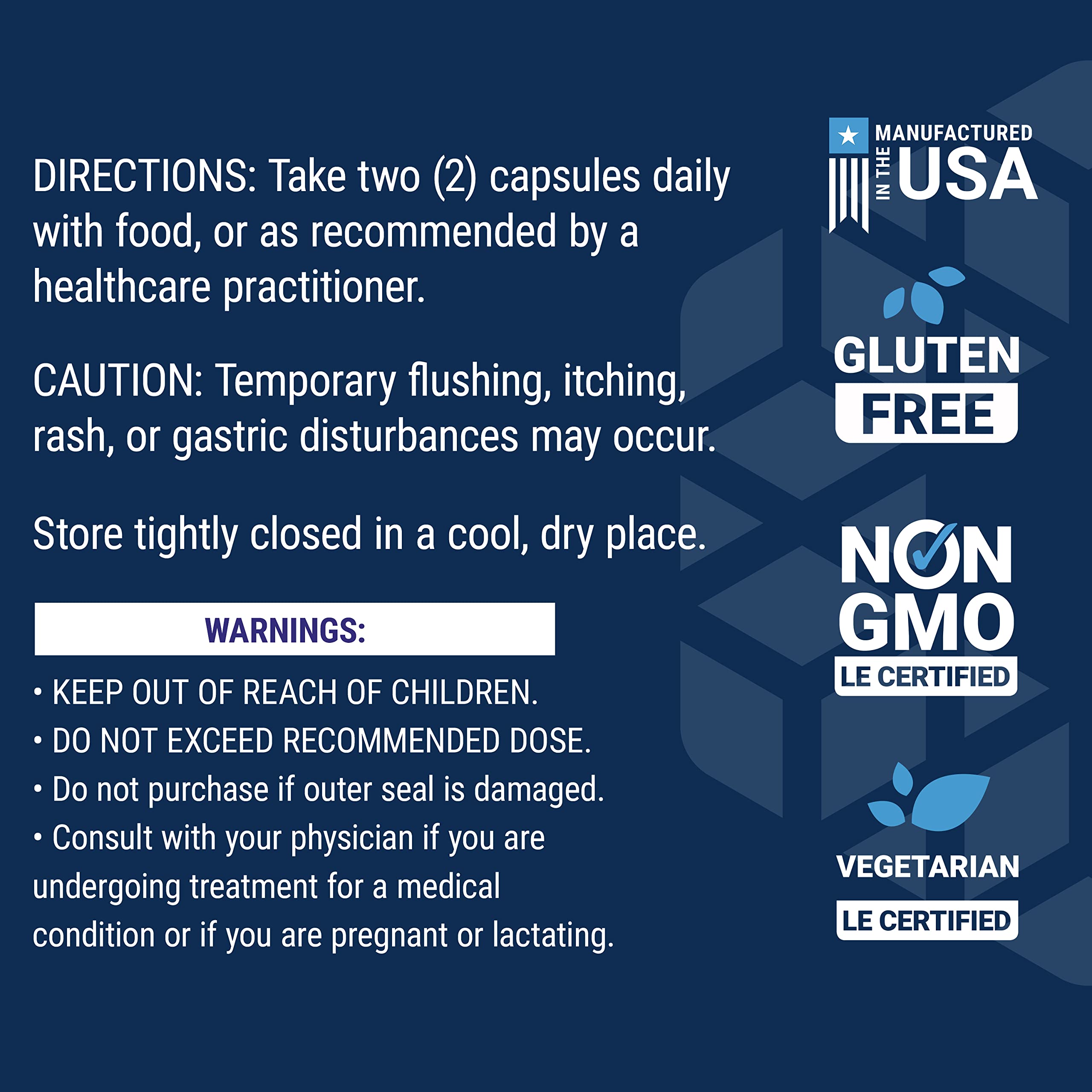 Label with directions warnings and Gluten Free Non GMO Made in USA icons for Life Extension B-Complex vegetarian capsules