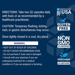 Label with directions warnings and Gluten Free Non GMO Made in USA icons for Life Extension B-Complex vegetarian capsules