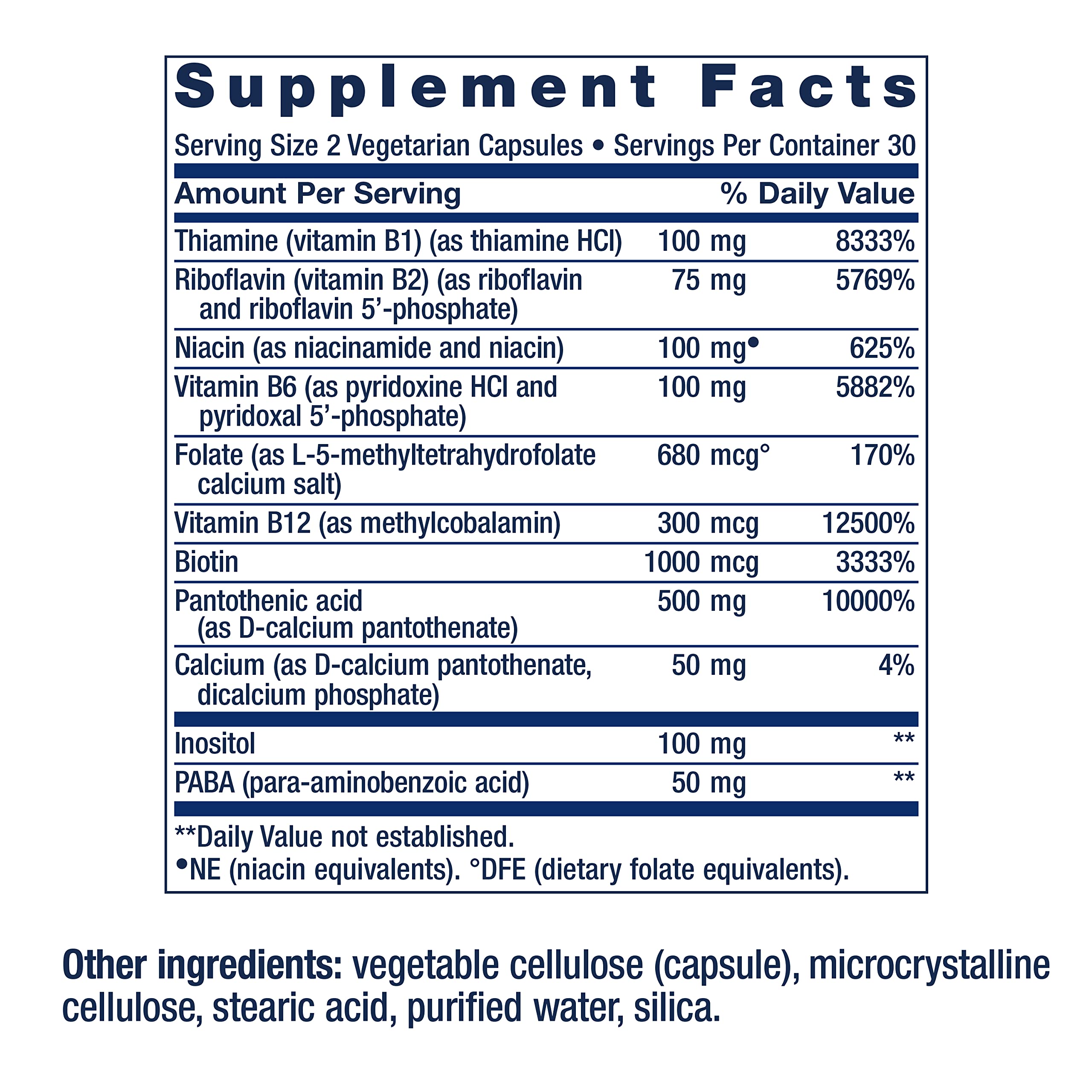 Life Extension B-Complex vegetarian capsules Supplement Facts label showing B vitamin dosages and other ingredients