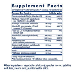 Life Extension B-Complex vegetarian capsules Supplement Facts label showing B vitamin dosages and other ingredients