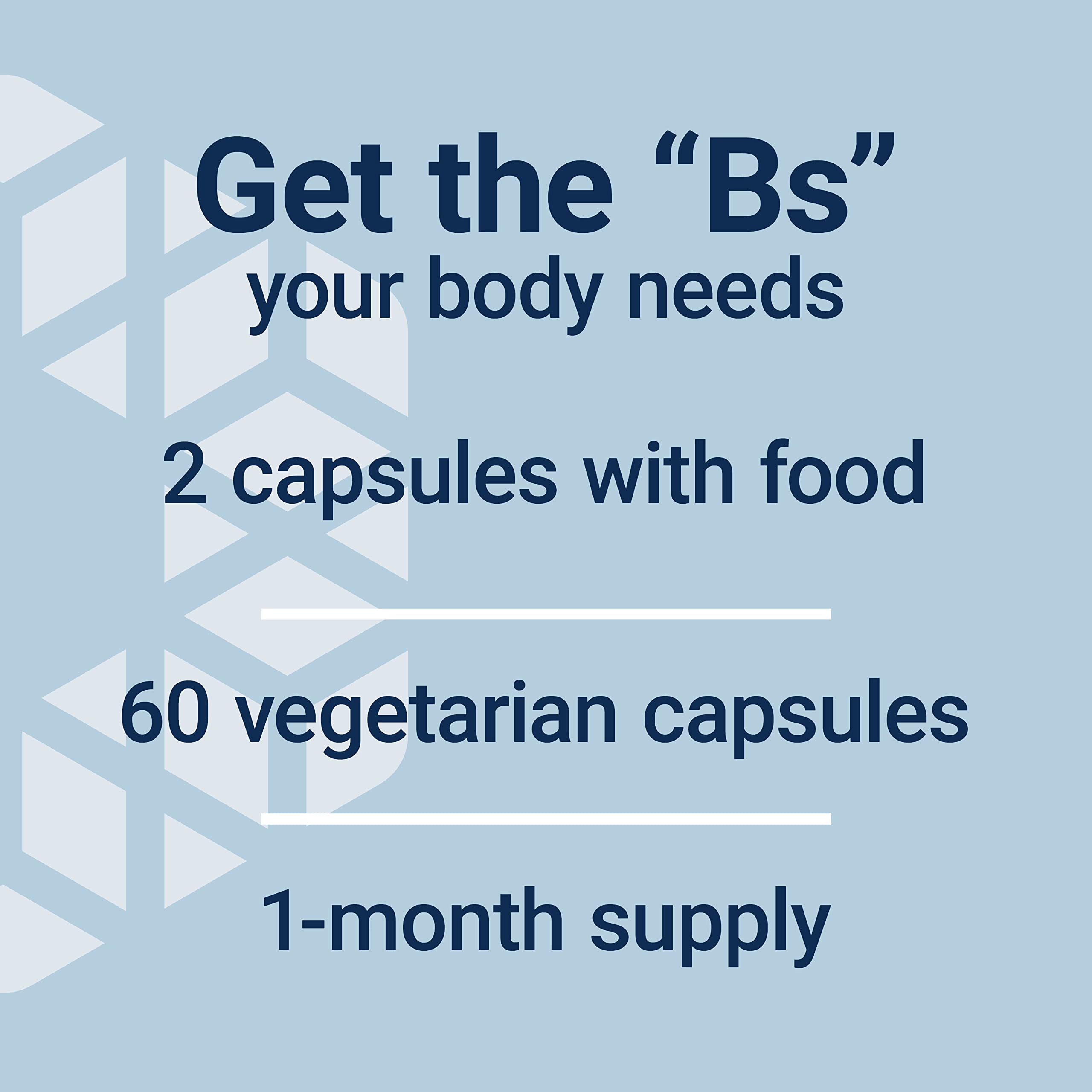 Life Extension B-Complex vegetarian capsules product card showing dosage two capsules with food 60 count one month supply