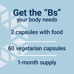Life Extension B-Complex vegetarian capsules product card showing dosage two capsules with food 60 count one month supply