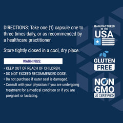 Life Extension N-Acetyl L-Cysteine capsules label showing directions and warnings with gluten free non GMO and Made in USA badges