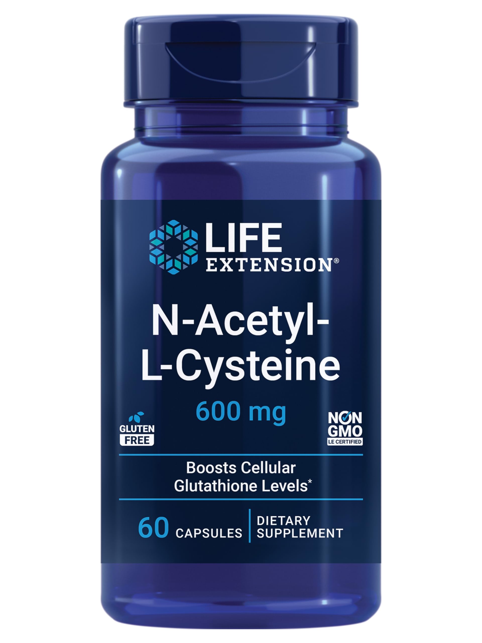 Life Extension N-Acetyl L-Cysteine capsules 600 mg supplement bottle 60 capsules boosts glutathione levels