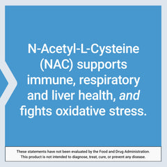 Life Extension N-Acetyl L-Cysteine capsules label saying supports immune respiratory liver health and fights oxidative stress