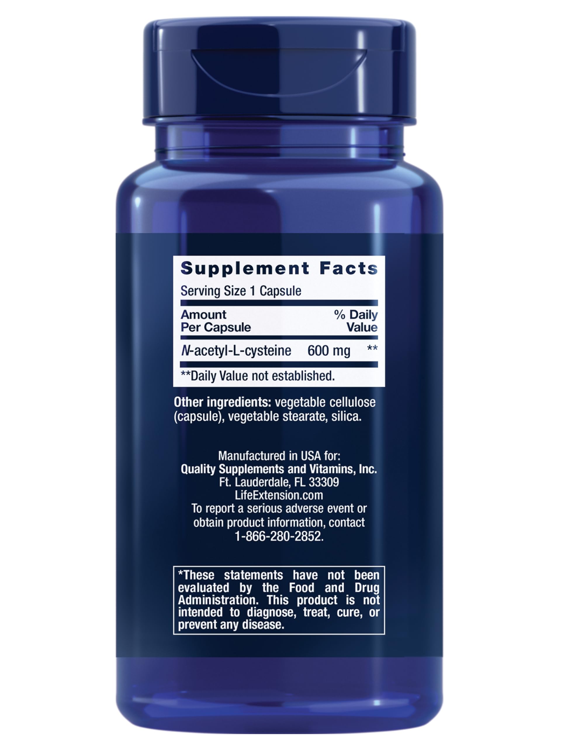 Life Extension N-Acetyl L-Cysteine capsules blue bottle back label showing Supplement Facts 600 mg per capsule