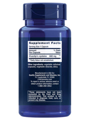 Life Extension N-Acetyl L-Cysteine capsules blue bottle back label showing Supplement Facts 600 mg per capsule
