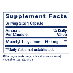 Life Extension N-Acetyl L-Cysteine capsules supplement facts label showing 600 mg per capsule serving size 1