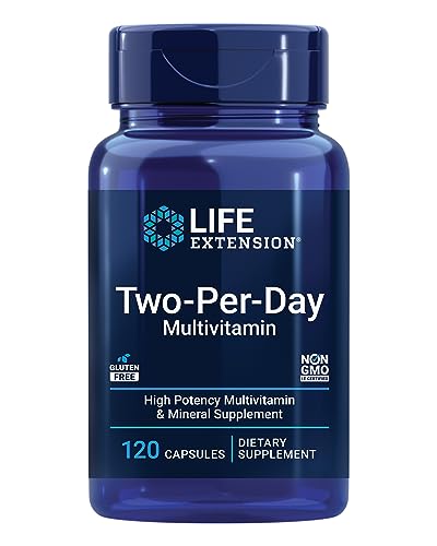 Blue supplement bottle labeled Life Extension Two-Per-Day 120 capsules multivitamin dietary supplement