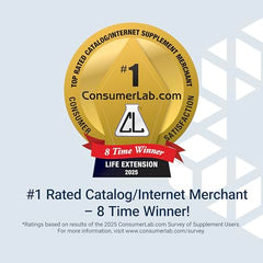 Life Extension Two-Per-Day 120 capsules badge showing ConsumerLab number one gold award 8 Time Winner Life Extension 2025