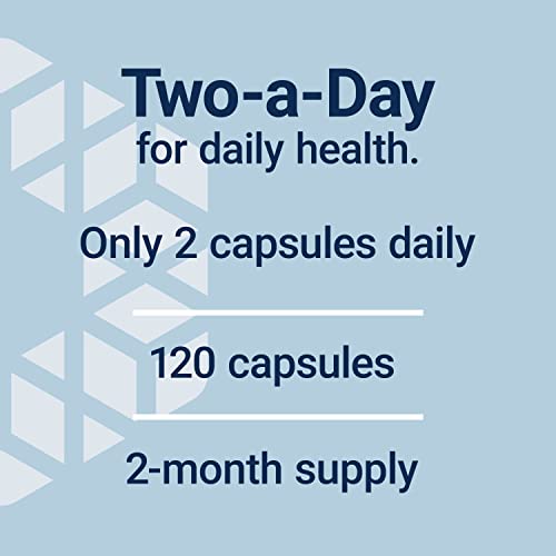 Label with dosing details and 2 month supply Life Extension Two-Per-Day 120 capsules. Light blue background