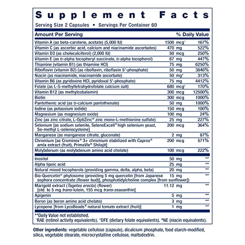 Life Extension Two-Per-Day 120 capsules. Supplement facts label showing vitamin and mineral amounts per 2 capsules