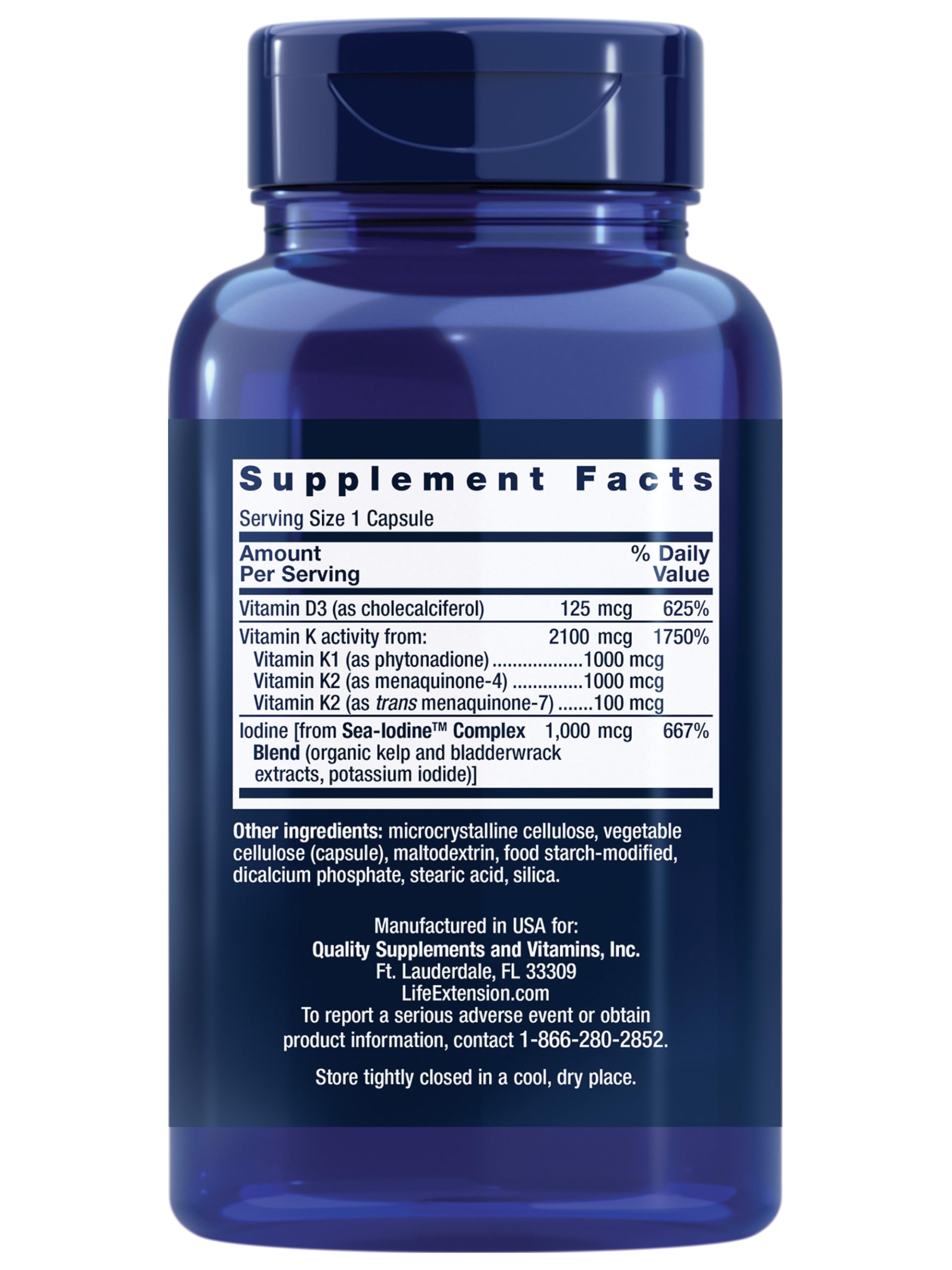 Life Extension Vitamin D and K supplement blue bottle showing Supplement Facts label and dosage information