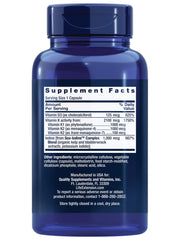 Life Extension Vitamin D and K supplement blue bottle showing Supplement Facts label and dosage information