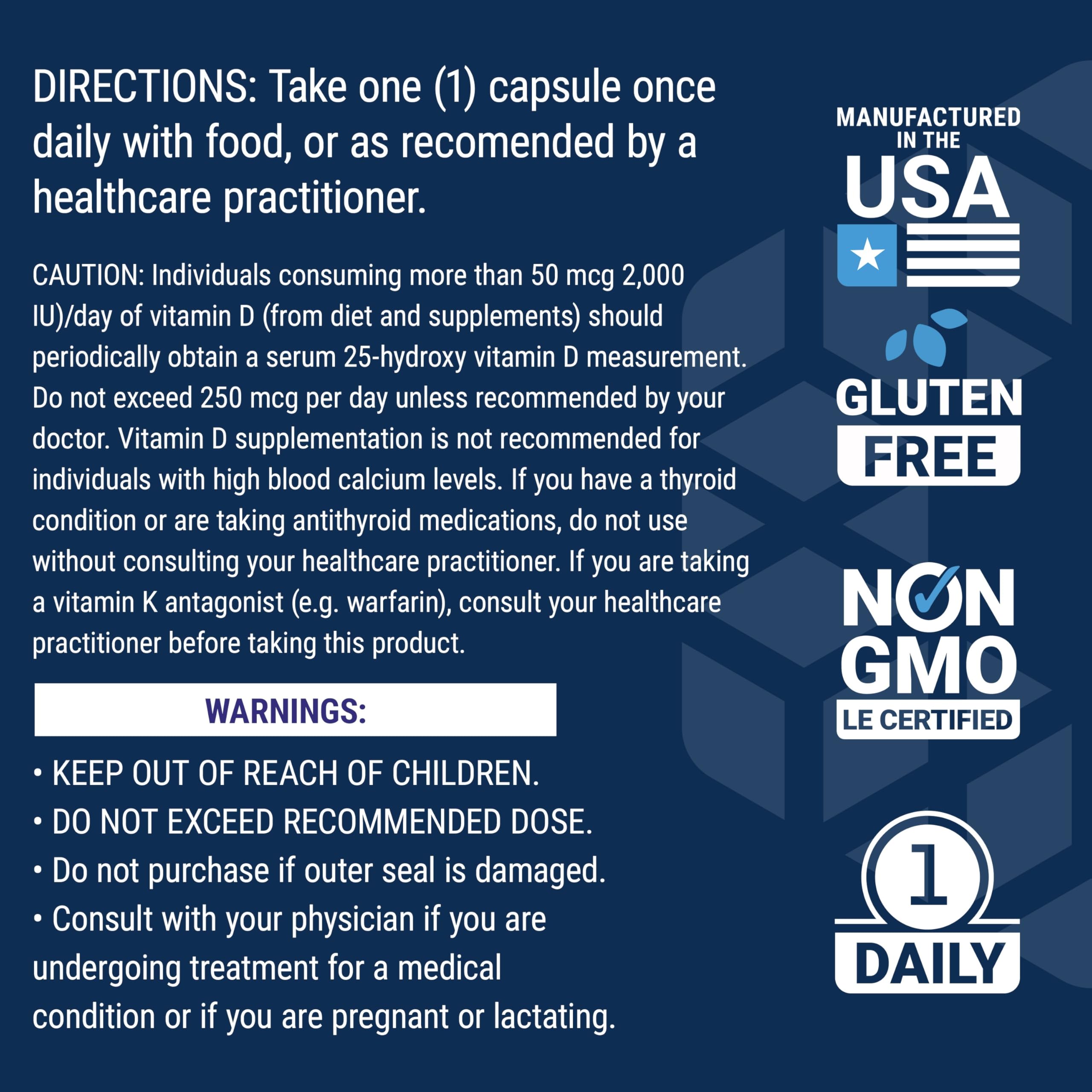 Back label of Life Extension Vitamin D and K supplement. Directions warnings icons Made in USA Gluten Free Non GMO 1 Daily