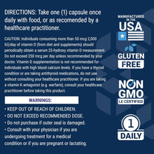Supplement directions and warnings panel, including one capsule daily and keep out of