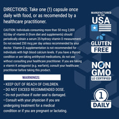 Back label of Life Extension Vitamin D and K supplement. Directions warnings icons Made in USA Gluten Free Non GMO 1 Daily