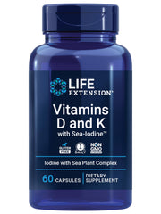 Life Extension Vitamin D and K supplement. Blue Life Extension bottle of 60 capsules labeled Vitamins D and K with Sea Iodine