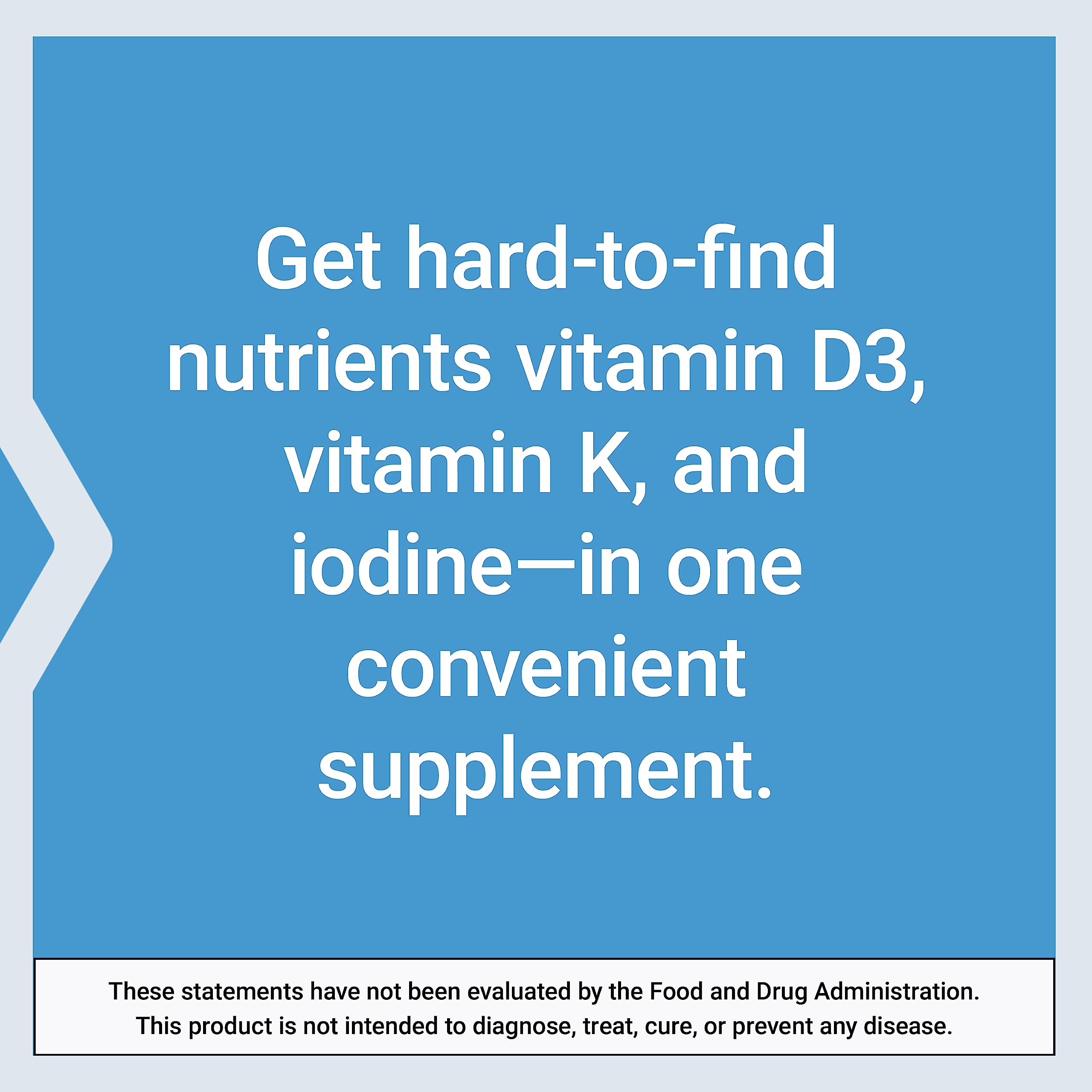 Blue graphic with white text about vitamin D3 vitamin K and iodine and Life Extension Vitamin D and K supplement.