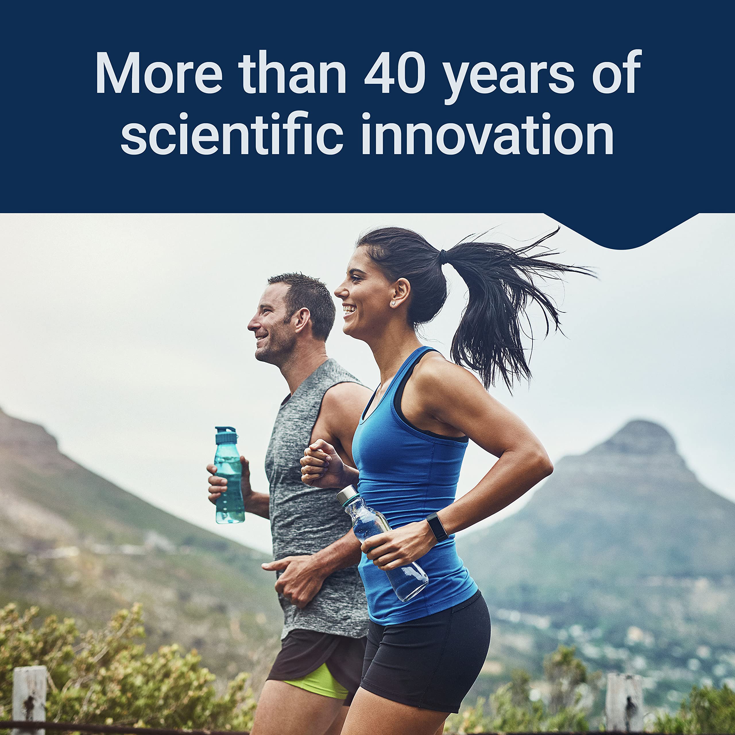 Life Extension Vitamin D and K supplement lifestyle image of two runners holding water bottles outdoors