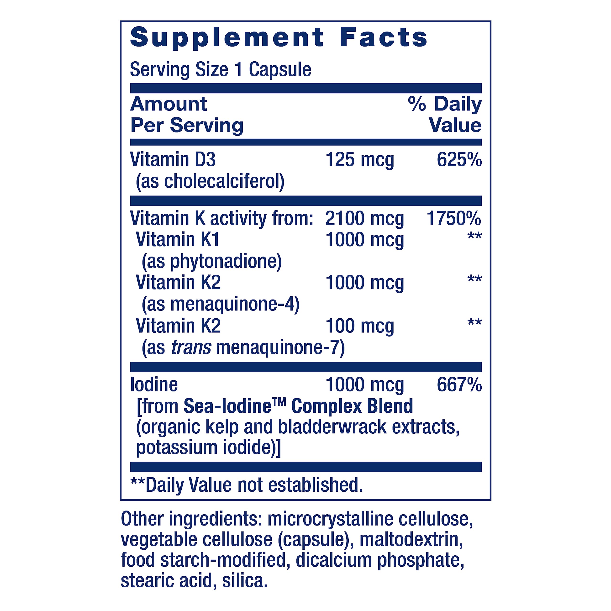 Life Extension Vitamin D and K supplement label showing Supplement Facts with Vitamin D3 125 mcg Vitamin K complex and iodine