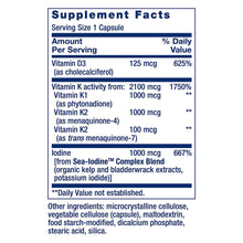 Supplement Facts table listing vitamin D3, vitamin K, and iodine per serving