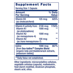 Life Extension Vitamin D and K supplement label showing Supplement Facts with Vitamin D3 125 mcg Vitamin K complex and iodine