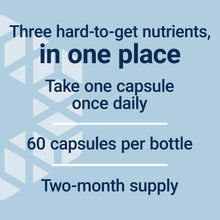 Usage text: Three nutrients in one place; take one capsule once daily, 60 capsules