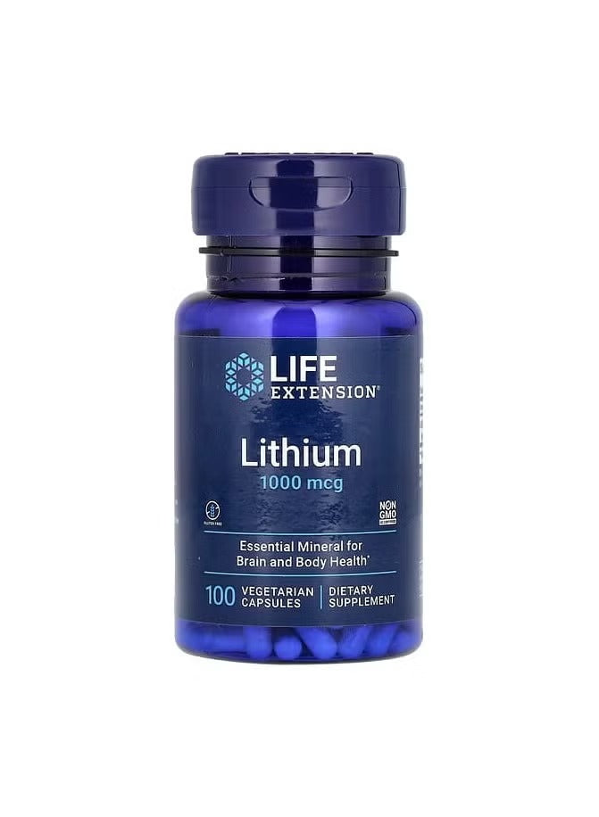 Life Extension lithium supplement 1000 mcg in a blue bottle, essential for brain and body health