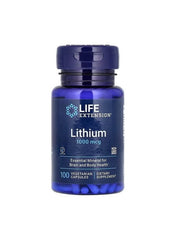 Life Extension lithium supplement 1000 mcg in a blue bottle, essential for brain and body health