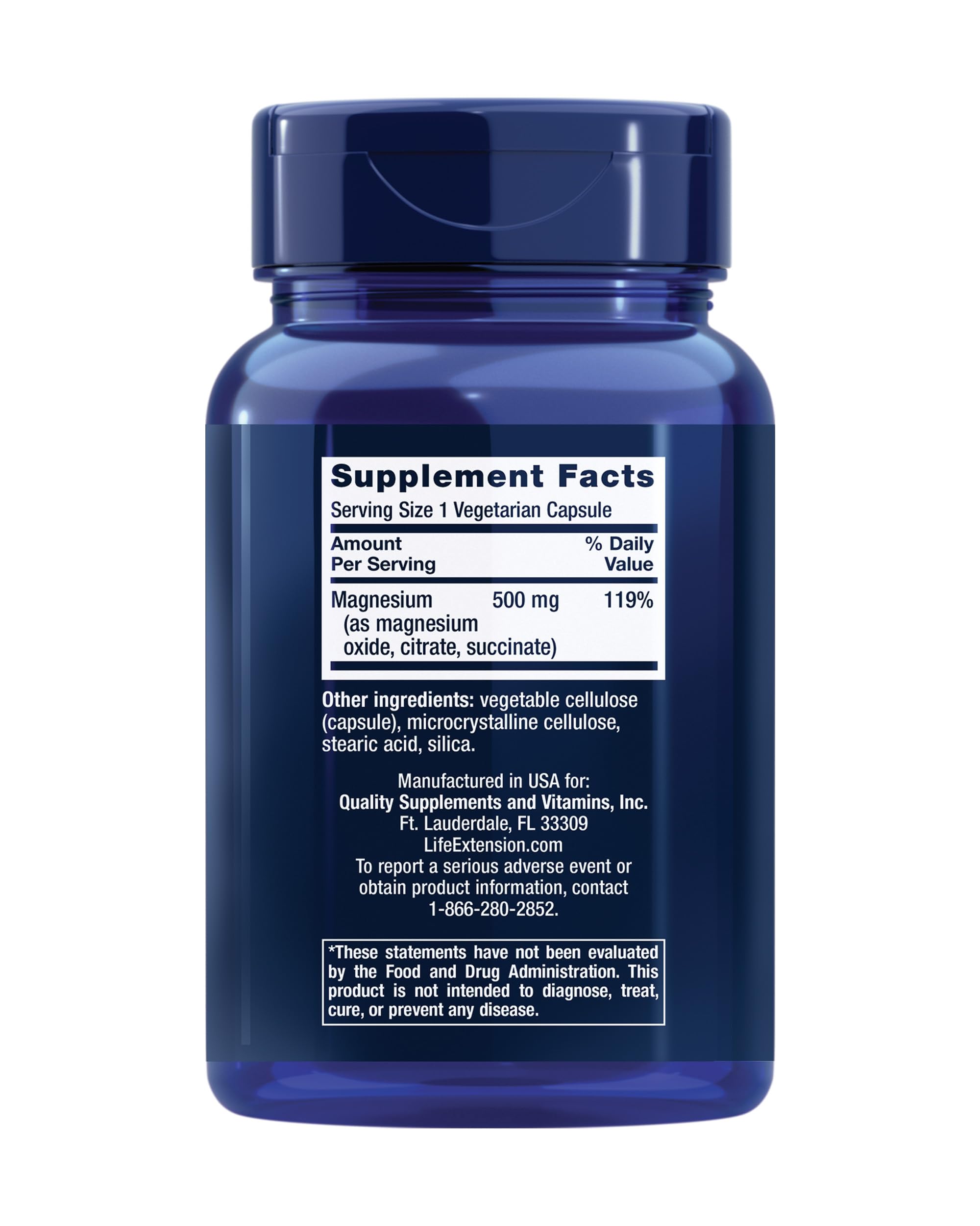Life Extension blue bottle showing supplement facts label for magnesium caps 500 mg supplements in vegetarian capsules