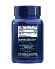 Life Extension blue bottle showing supplement facts label for magnesium caps 500 mg supplements in vegetarian capsules