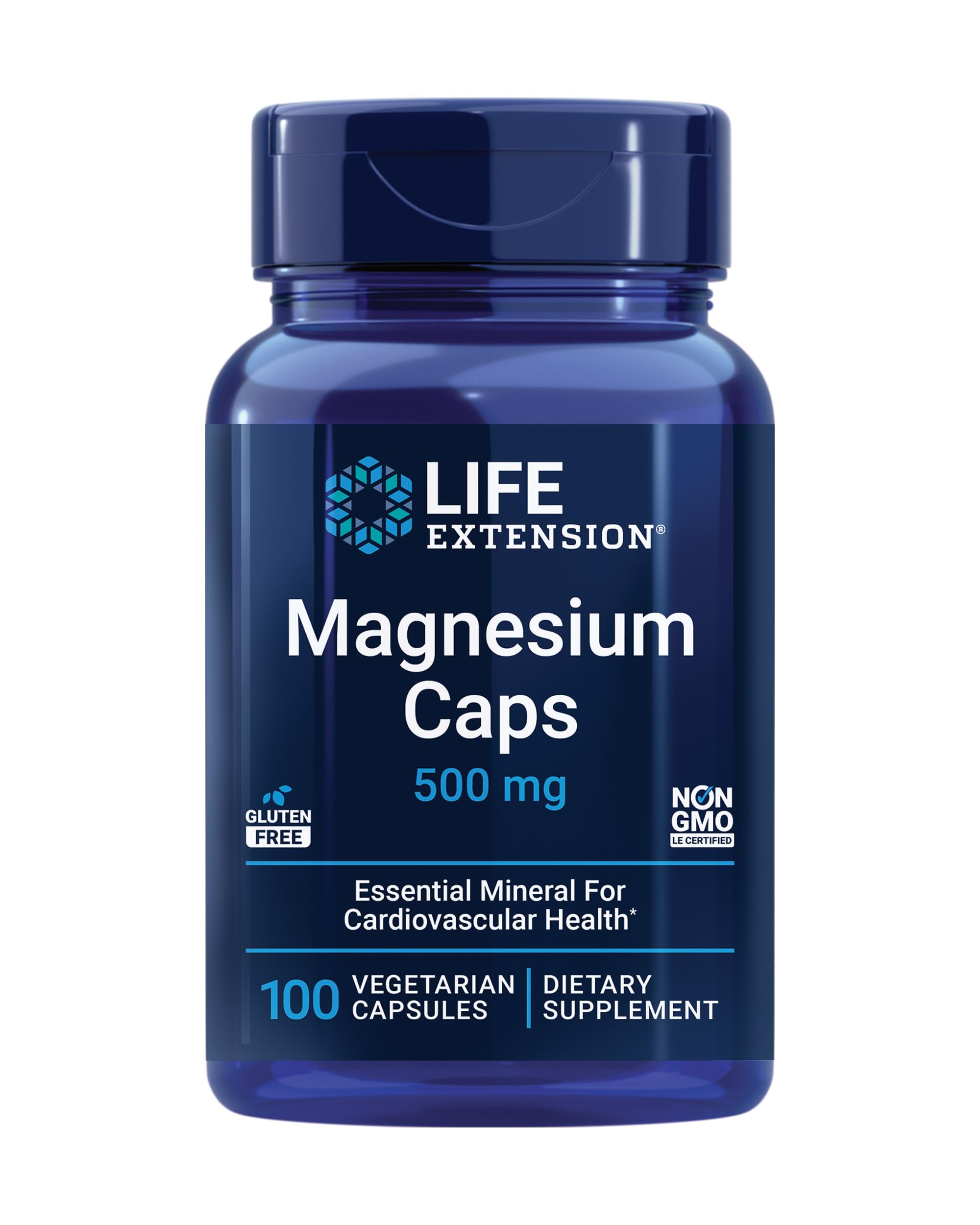 Life Extension bottle of magnesium caps 500 mg supplements 100 vegetarian capsules for cardiovascular health