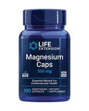 Magnesium capsules bottle front view with 500 mg, gluten-free and non-GMO badges