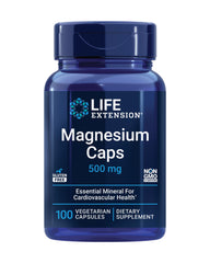 Life Extension bottle of magnesium caps 500 mg supplements 100 vegetarian capsules for cardiovascular health