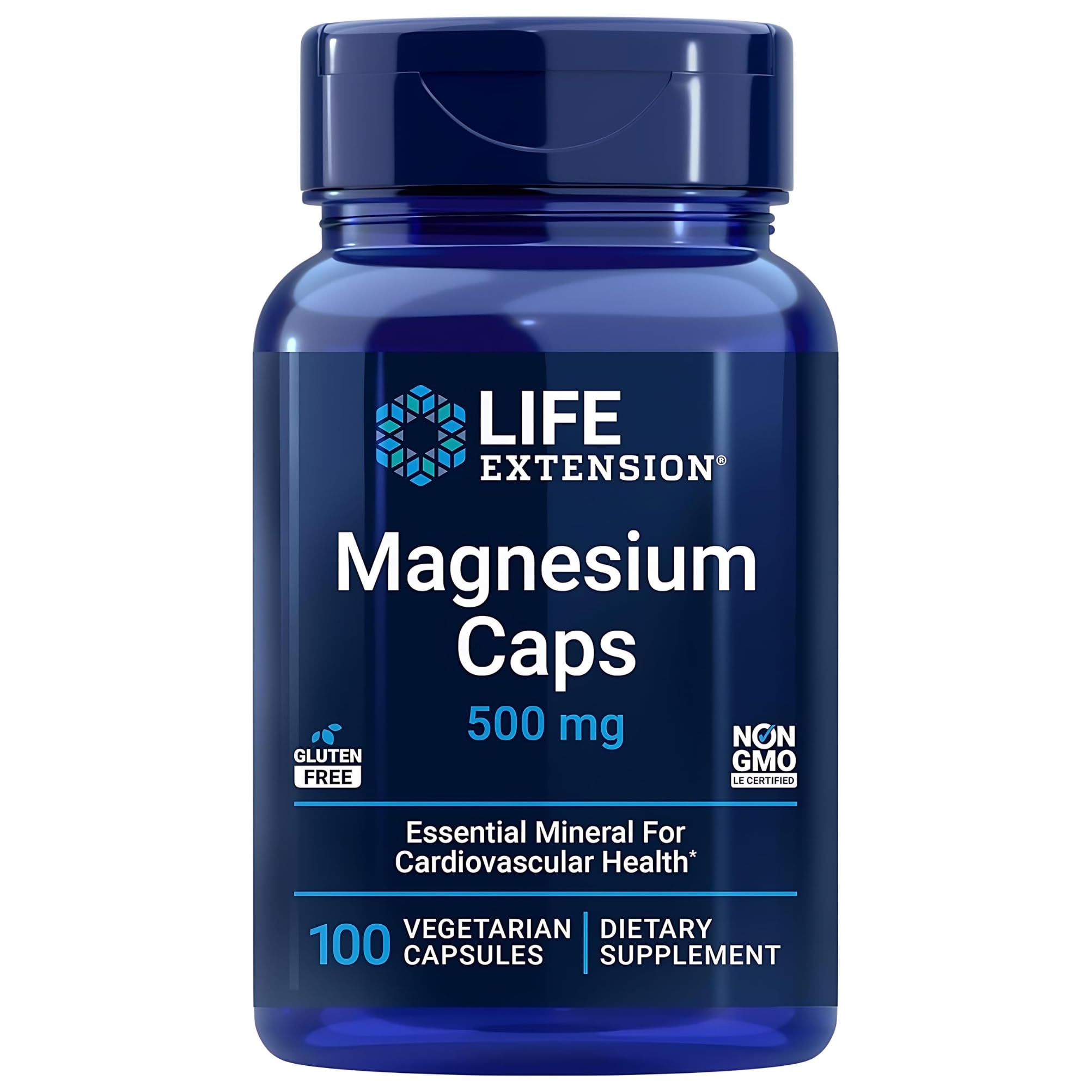 Life Extension blue bottle of magnesium caps 500 mg supplements 100 vegetarian capsules for cardiovascular health