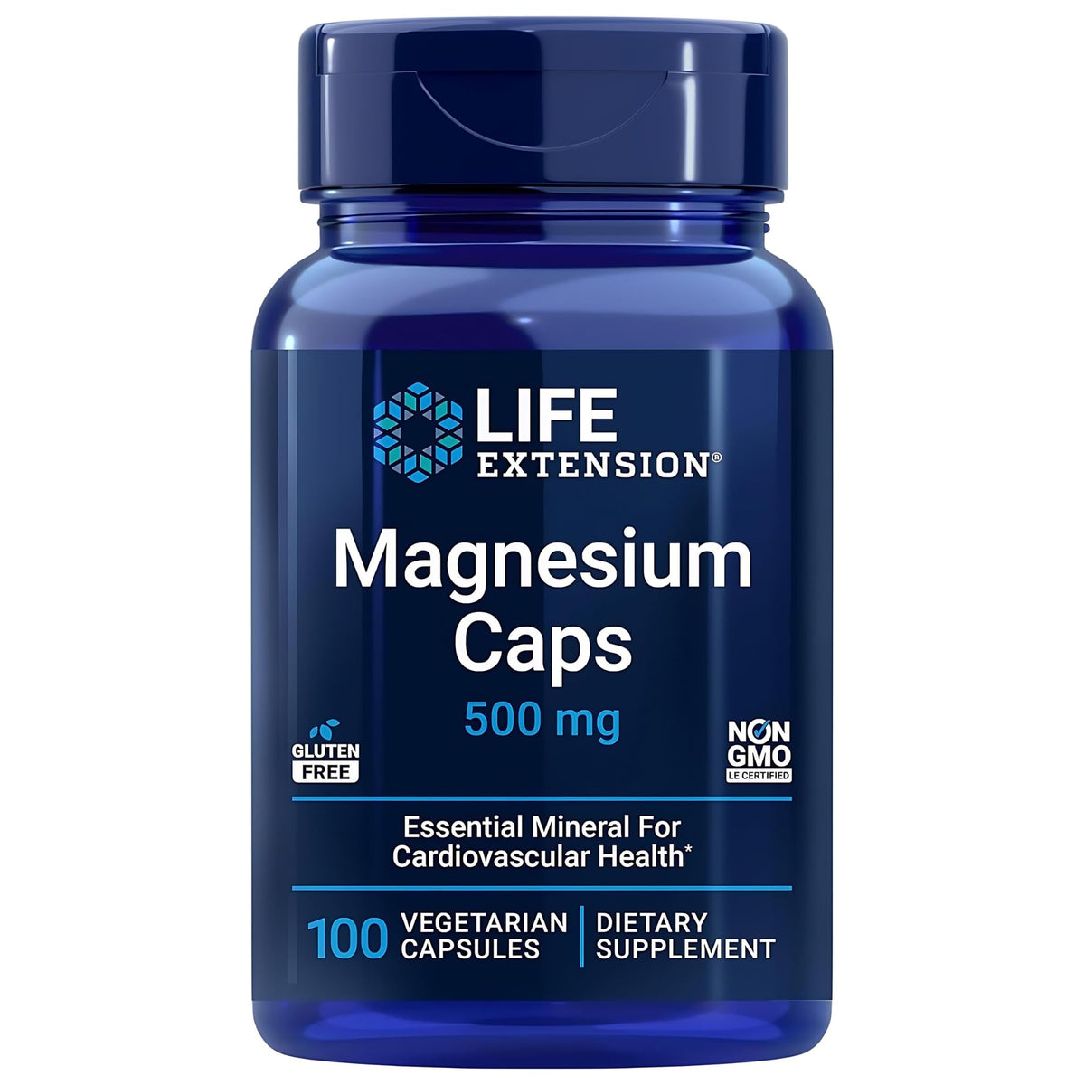 Life Extension blue bottle of magnesium caps 500 mg supplements 100 vegetarian capsules for cardiovascular health