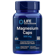 Magnesium supplement capsules bottle, blue label, 500 mg, 100 vegetarian capsules