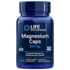Life Extension blue bottle of magnesium caps 500 mg supplements 100 vegetarian capsules for cardiovascular health