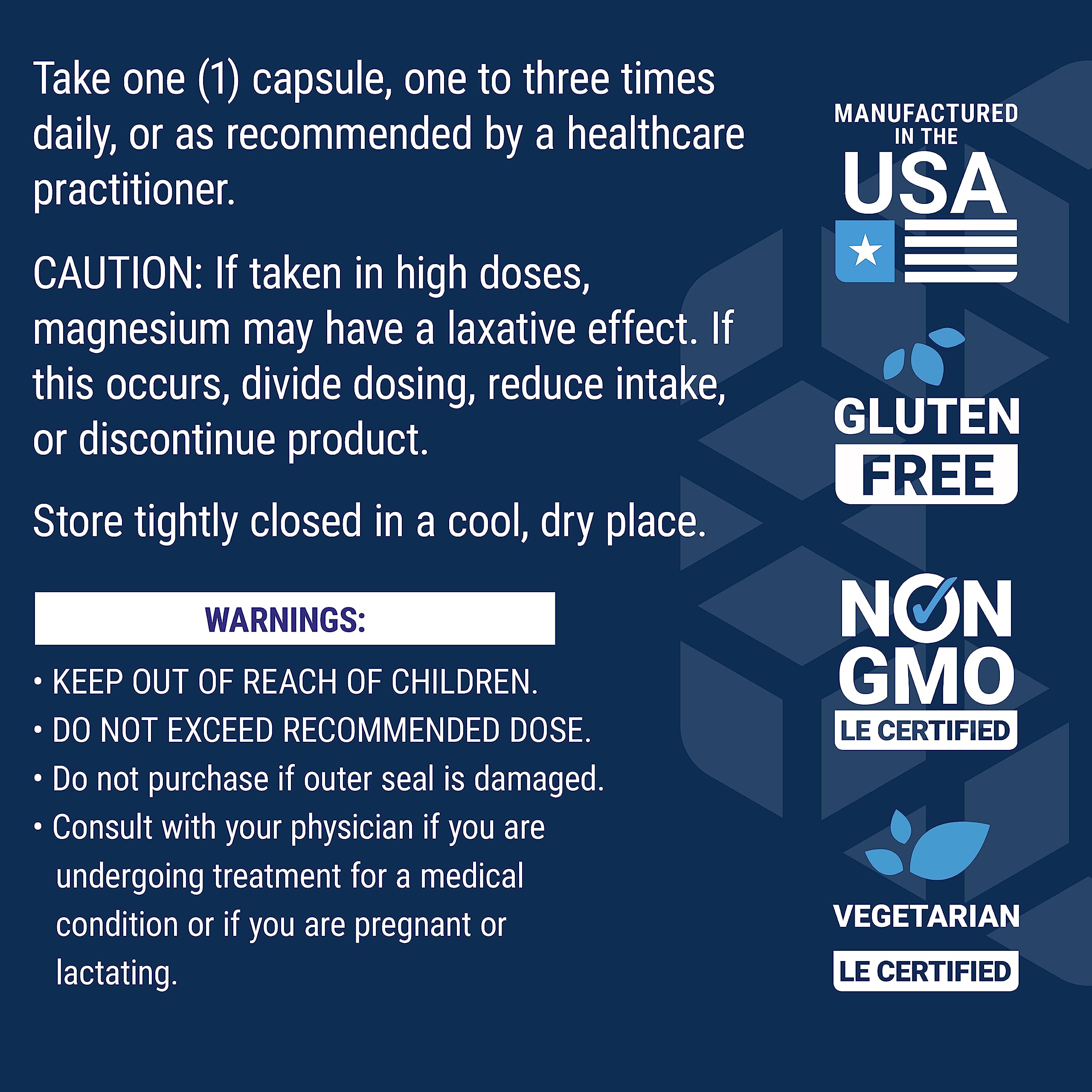 Life Extension supplement label showing dosage warnings and certifications for magnesium caps 500 mg supplements
