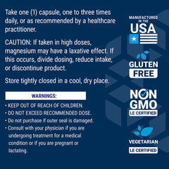 Life Extension supplement label showing dosage warnings and certifications for magnesium caps 500 mg supplements