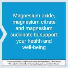 Supplement label panel listing magnesium oxide, magnesium citrate, and magnesium succinate