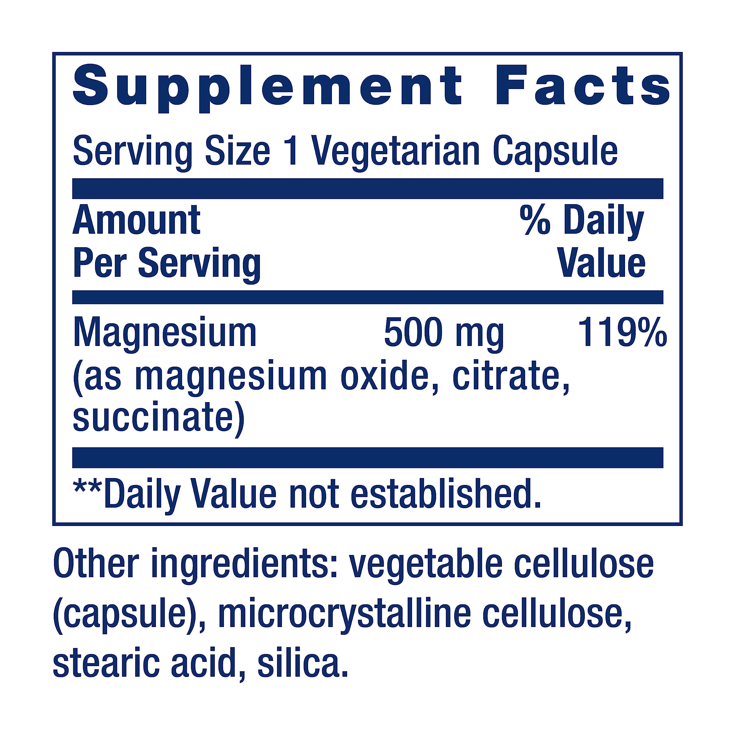 Supplement facts showing 500 mg magnesium per vegetarian capsule with other ingredients magnesium caps 500 mg supplements