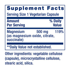Supplement facts showing 500 mg magnesium per vegetarian capsule with other ingredients magnesium caps 500 mg supplements