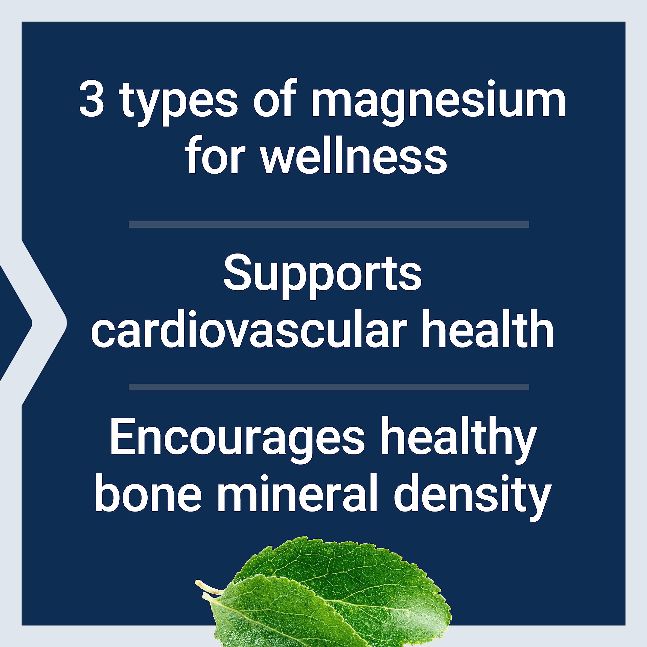 Life Extension graphic stating 3 types of magnesium supports cardiovascular and bone health magnesium caps 500 mg supplements