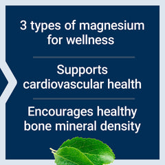 Life Extension graphic stating 3 types of magnesium supports cardiovascular and bone health magnesium caps 500 mg supplements