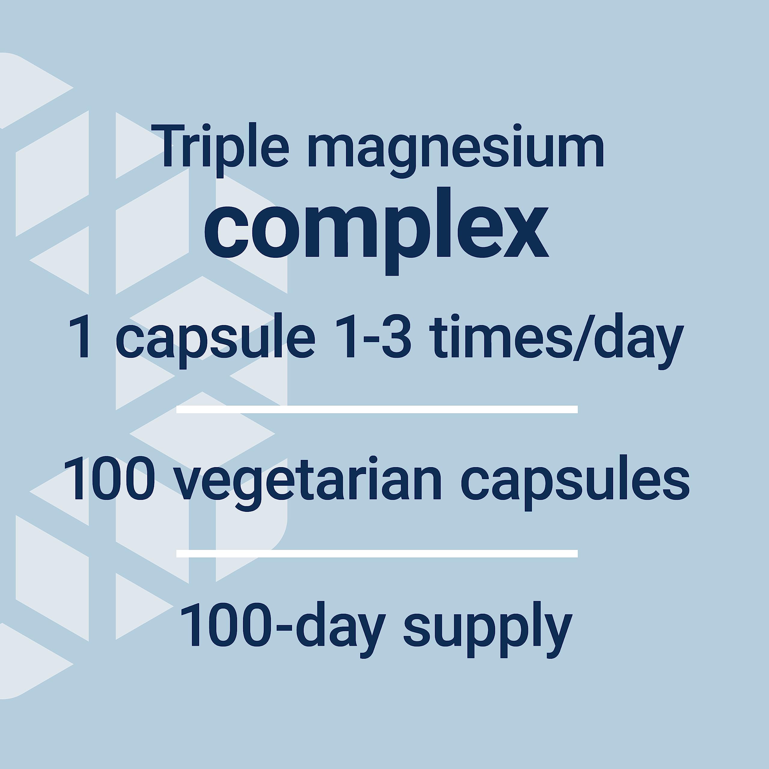 Triple magnesium complex label showing 100 vegetarian capsules 100 day supply magnesium caps 500 mg supplements